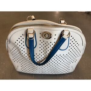 Coach White & Blue Perforated Leather Satchel Handbag Turnlock Tote 2012-2015
